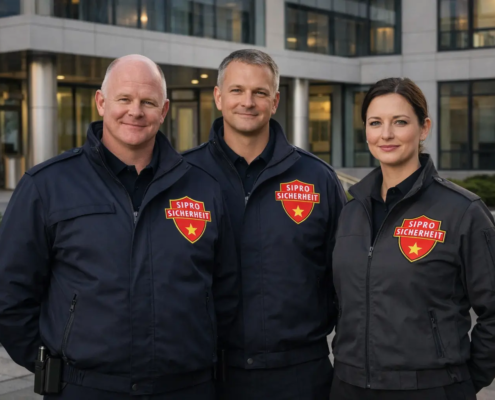 Drei professionelle Sicherheitsmitarbeiter von SIPRO Sicherheit stehen vor einem modernen Firmengebäude und vermitteln Seriosität, Präsenz und Vertrauen.