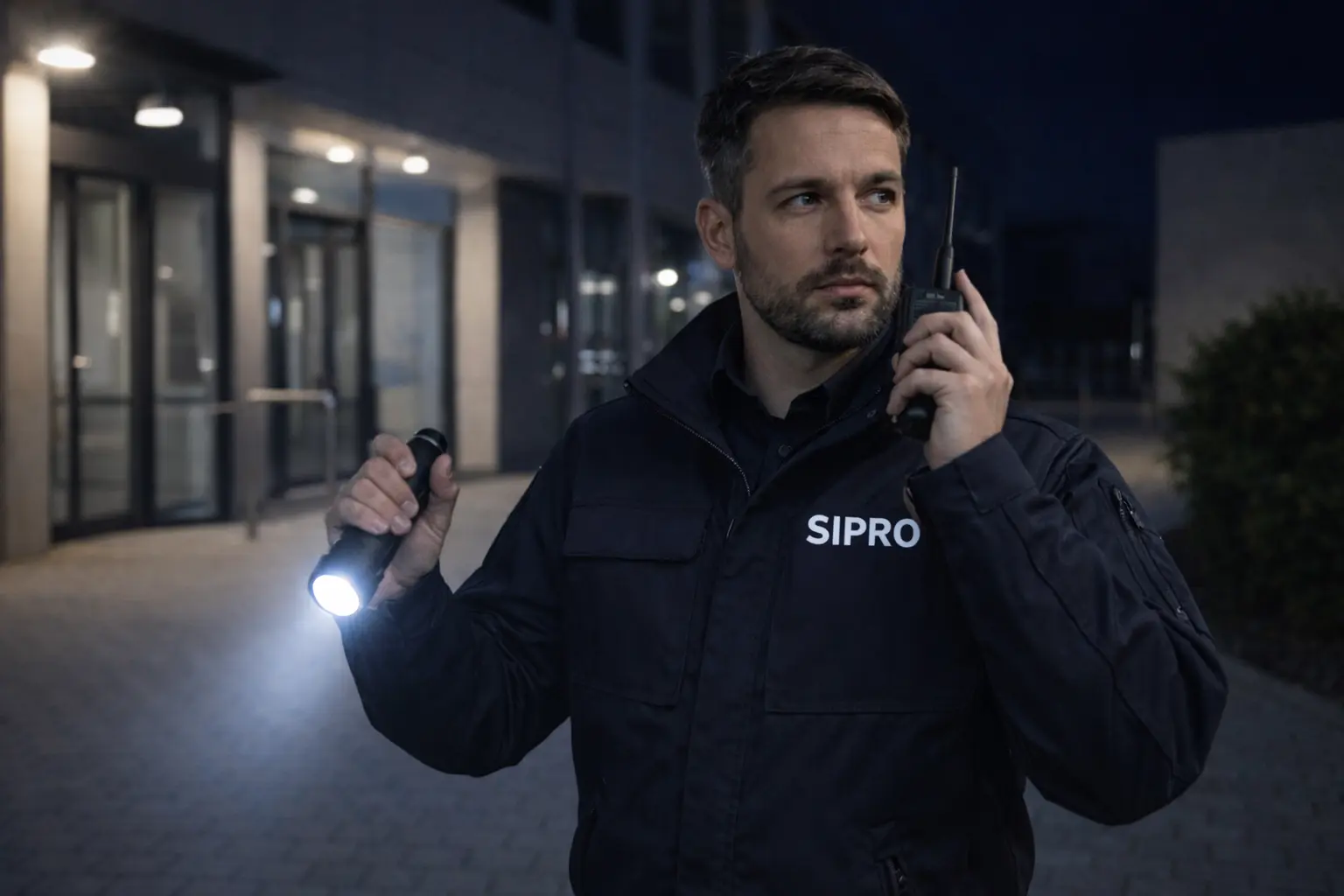Sicherheitsmitarbeiter bei Alarmverfolgung und Intervention mit Funkgerät und Taschenlampe