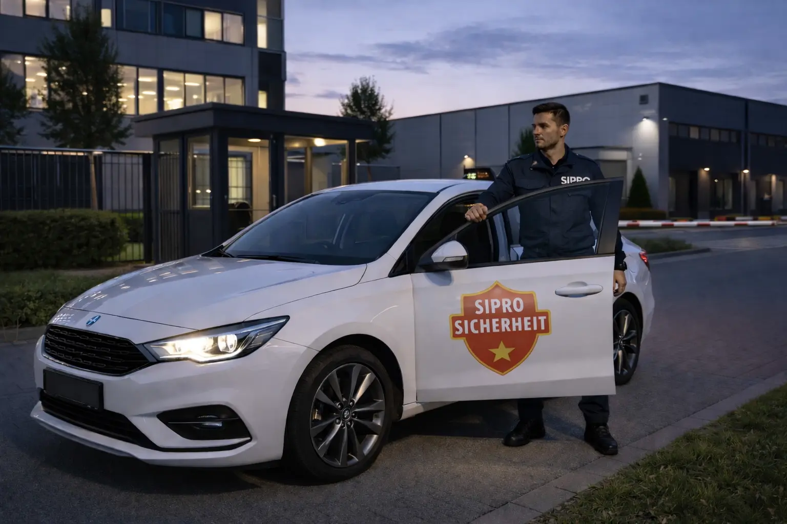Sicherheitsmitarbeiter beim Revierdienst neben Einsatzfahrzeug vor Gewerbeobjekt am Abend