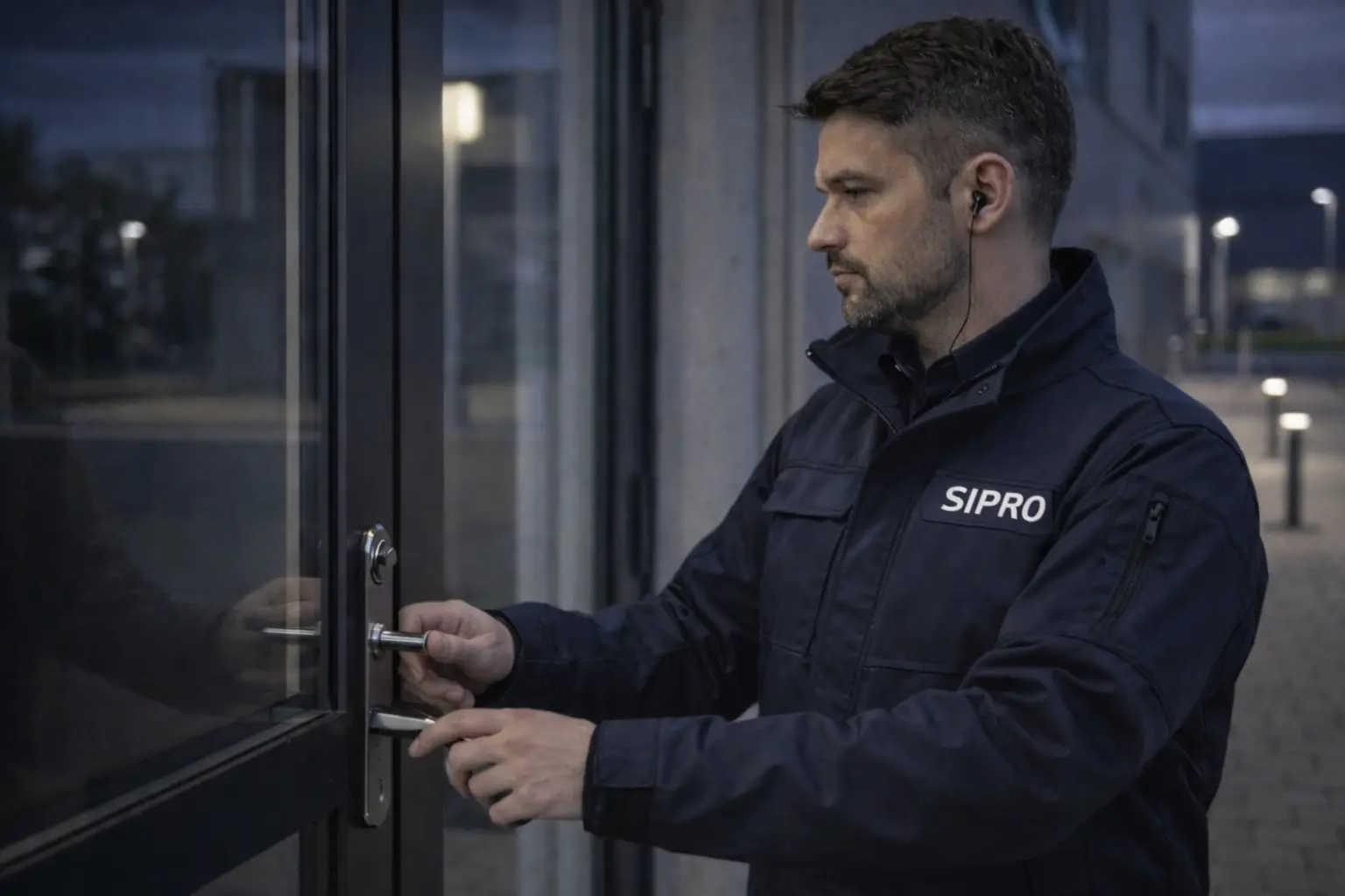 Sicherheitsmitarbeiter bei Schließ- und Kontrolldienst an einer Gebäudetür bei Dämmerung